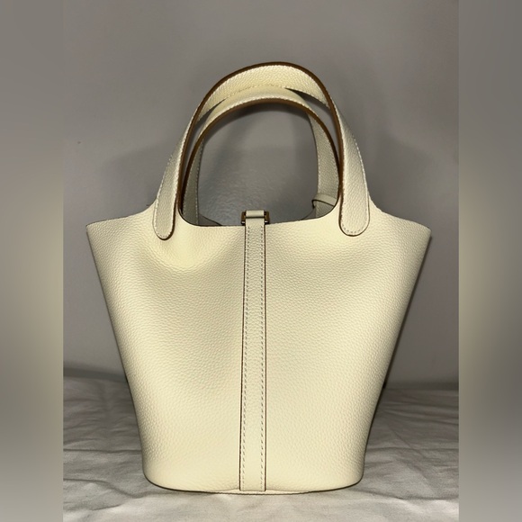 Picotin 18 PM Inspired Leather Bucket Bag Cream Ivory Nata White Gold Hardware - Picture 4 of 7